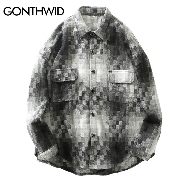 

Mosaic Pattern Long Sleeve Plaid Shirts Mens Hip Hop Casual Dress Shirts Coat Harajuku Fashion Streetwear Shirt Tops, Kg-1