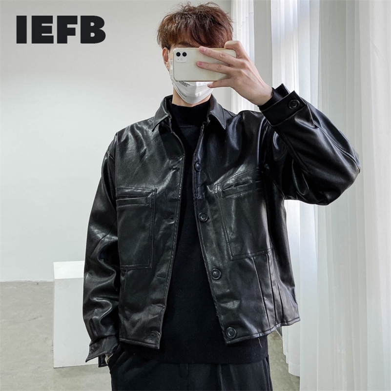 

IEFB /men's wear Vintage trendy Pu Leather jackets for male autumn new Loose Coat single breasted long sleeve coat 9Y1420 201114, Black