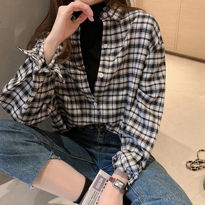 

2020 Autumn Fashion Women Plaid Shirt Chic Blouse Long Sleeve Female Casual Print Shirts Loose Cotton Tops Blusas #80, 7015 khaki