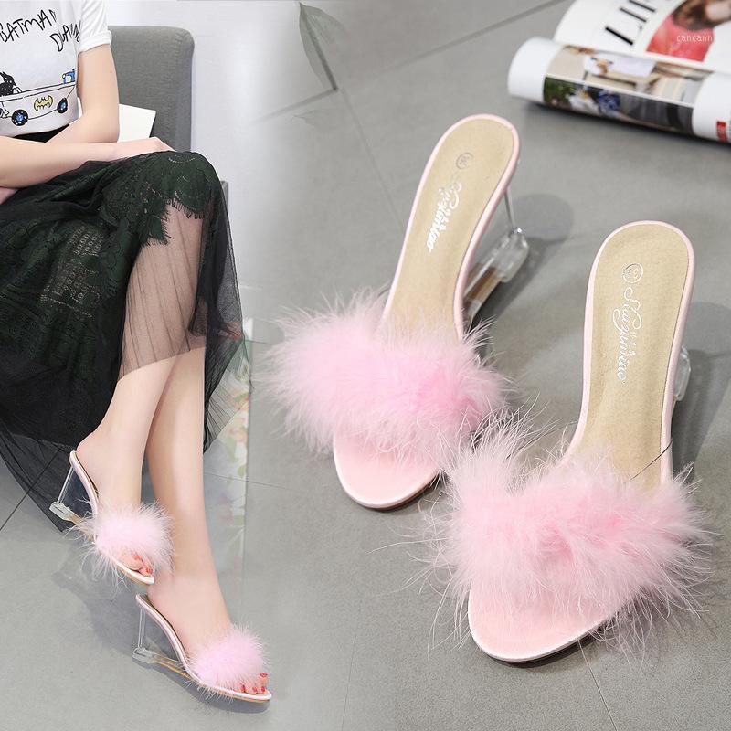 

sweet pink fur high heels slippers women strange clear wedges fur sandals ladies furry party shoes transparent sandalias y9411, Black