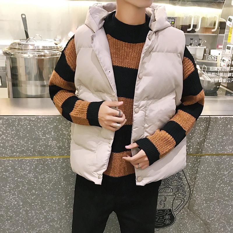 

Winter Down Vest Men's Warm Fashion Solid Color Casual Hooded Vest Men Streetwear Loose Korean Thickened Coat Mens -2XL, Black