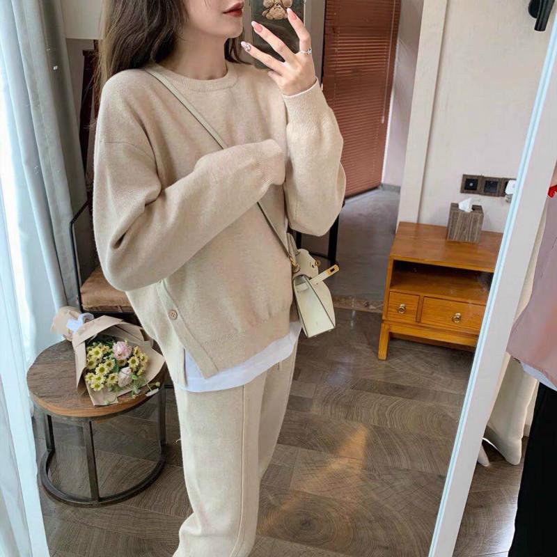 

Winter Casual Two Piece Set Women Solid Color O-neck Long Sleeve Pullovers Knitted Sweater+loose Elastic Pants Tracksuits, Gray