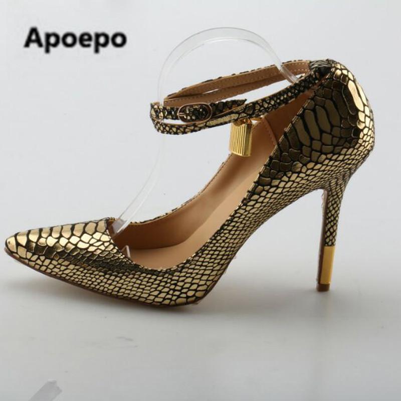 

Sexy Women Golden Snakeskin Pattern Metal Lock Pumps Pointed Toe Ladies Ankle Strap Plated Stiletto Heels Party Dress Shoes, As picture