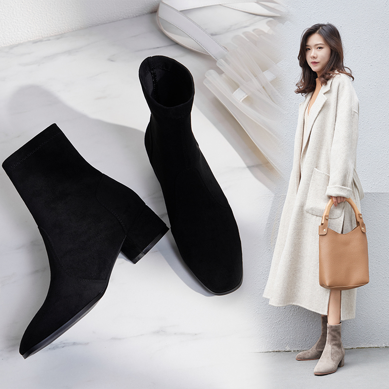 

2021 New Spring Plus Size 22-26.5cm Long Suede Short Boots Pointed Toe Toe-tip Lambskin Insole WT7L, Black light