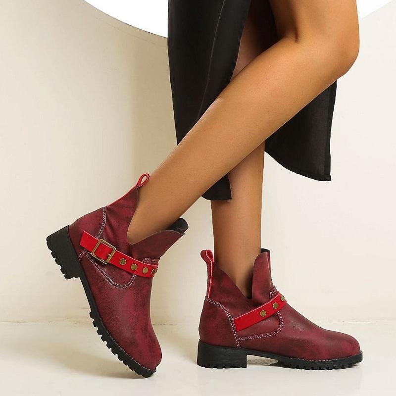 

Autumn Winter Ankle Boots Women Pu Leather Buckle Strap Punk Boots Botas Mujer Low Heels Platform Vintage Ladies Shoes, Black