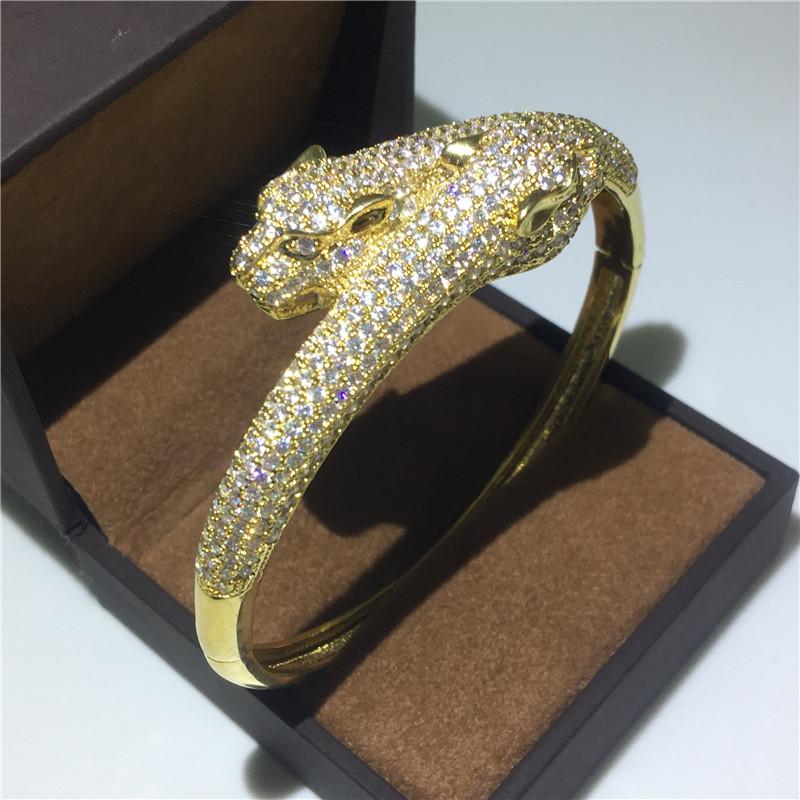 

Luxury Pave Simulated cz Leopard head Bangle 14K Gold Party Engagement bangles Bracelets for women men wedding accessaries