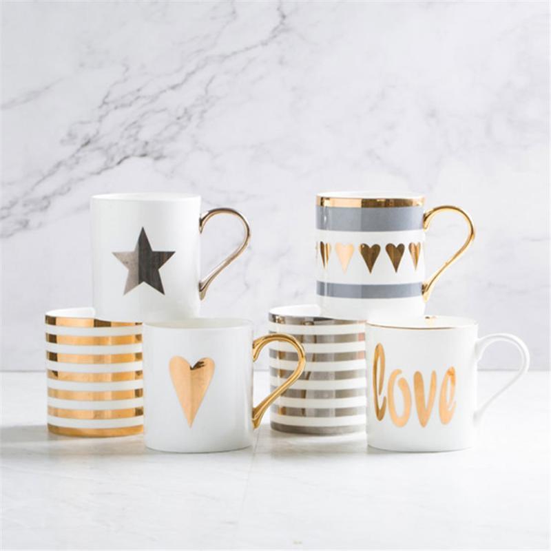 

Creative Ceramic Milk Mug Love Star Stripe Pattern Gold Plating Handle Cup Office Household Coffee Milk Mugs Home Decoration1, Spoon 1