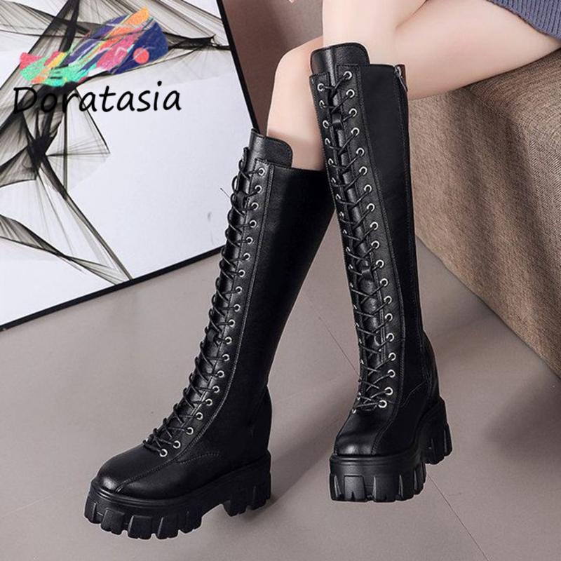 

DORATASIA Women Wegdes Lace Up Casual Mid Calf Shoes 2020 Desisgner Brand Boots Women Platform Thick Bottom Cool Boots, Beige