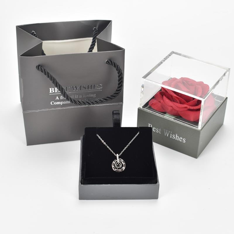 

Preserved fresh flower rose Jewelry Box with Surprise 100 Languages I Love you Necklace Strange Gift For Mother girlfriend1, Necklace 5