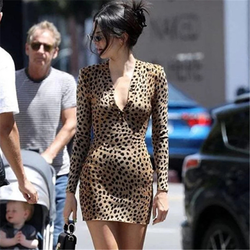 

New European Leopard Women Slim Bainha Sexy Deep Decorated on v 2021 Female Project Clothes High Street Nigh Club Dressed 8wmi, Picture color