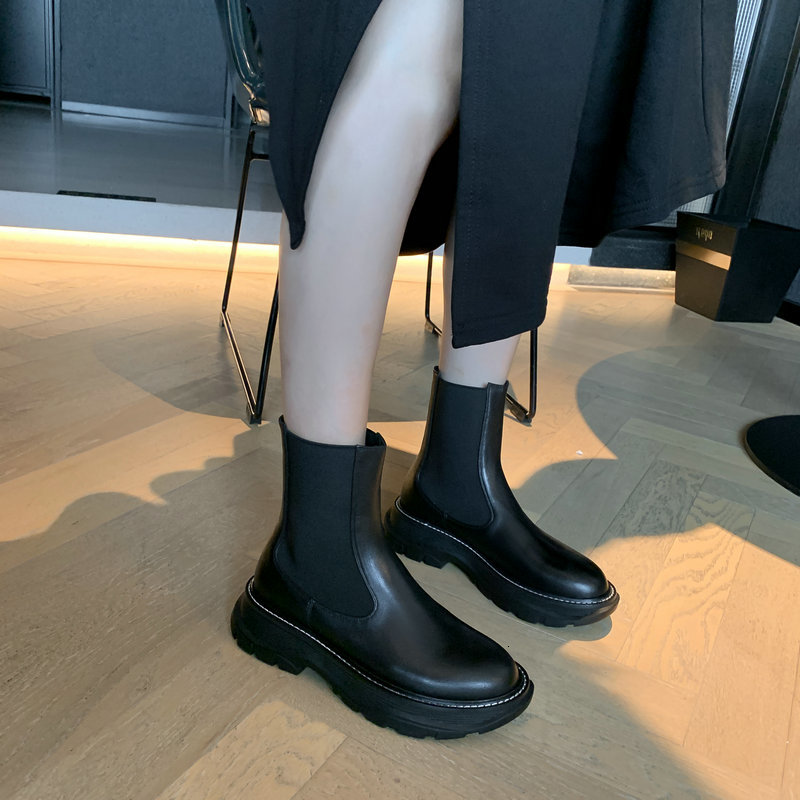 

2021 New Genuine Leather Ladies Elastic Band Round Toe Thick Heels Women Boots Autumn Winter Party Working Shoes Woman M42g, Black