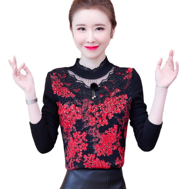 

Women Blouses Long Sleeve O-neck Fashion Print Diamonds Lace Blouse Women Shirts Vintaeg Plus Size Tops Chemisier Femme, Photo color