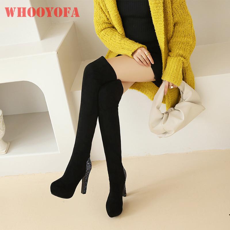 

2020 Brand New Sexy Bling Black Women Thigh High Dress Boots Super Platform High Heels Lady Nude Dress Shoes Big Size 10 43