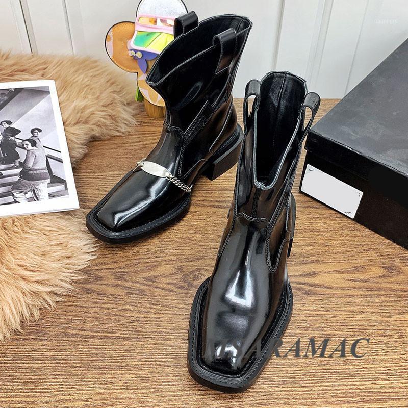 

Fashion punk style chain decoration knight boots leather square toe thick heel short boots stylish street ladies ankle1, Black