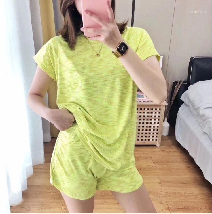 

New Women Yoga Fitness Suit Ice Silk Cotton Sports Sets T-shirt With Shorts 2 Pieces Set For Gym Workout Clothing Female1, Blue