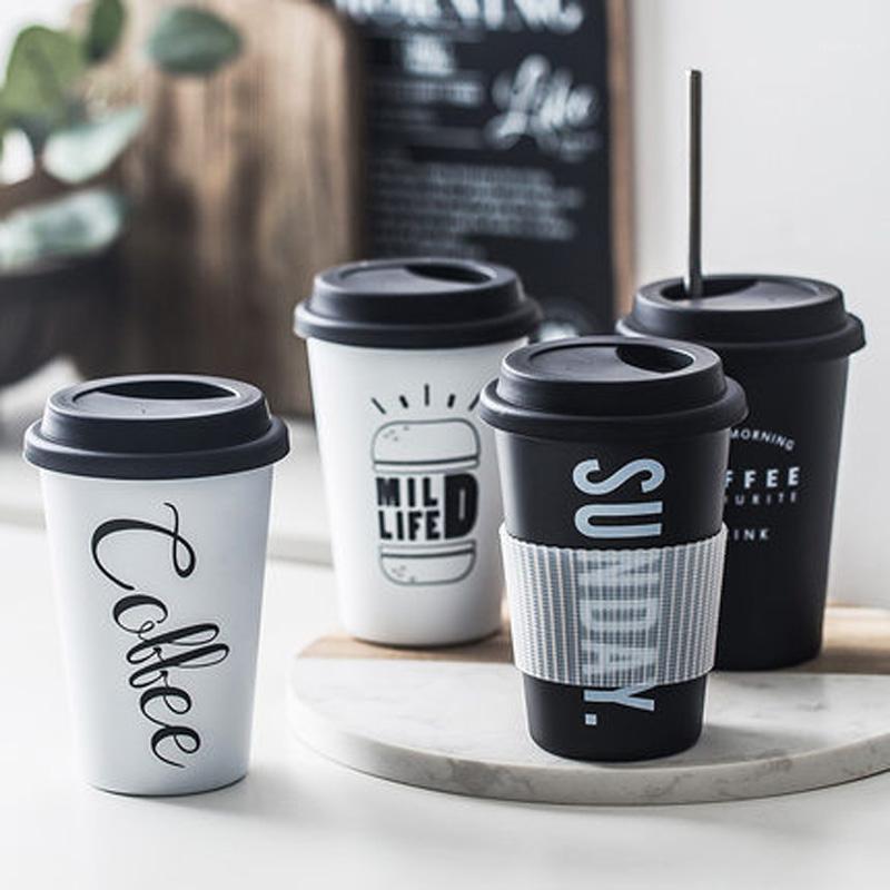 

Stainless Steel Silicone Mugs Hand Cup With Straw Lid Coffee Mugs Milk Cups Travel Mug Camping Home Office School 1PCS1, Coffee black