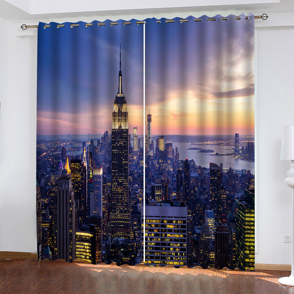 

Custom blue night city building curtains 3D Curtain Printing Blockout Polyester Decoration curtains, Purple