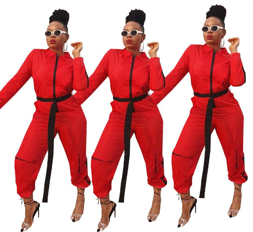 

52LT10832 Autumn Winter Women Casual Fashion Solid Patchwork Zipper Long Sleeve Jumpsuit Playsuit Rompers Plus Size Hot, Red