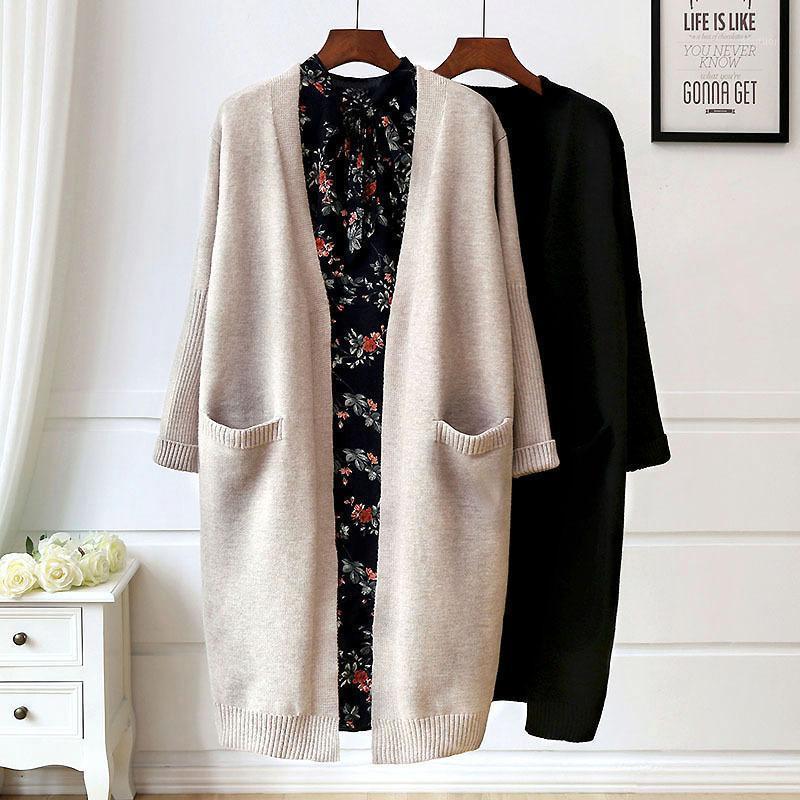 

Women's Knits & Tees Japanese And Korean Sweater Women's Autumn Winter Mid-length Solid Color Jacket Temperament Simple Knitted Cardiga, A02-gray