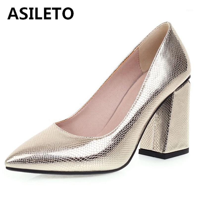 

ASILETO Ladies Sexy Concise Spring Autumn Pumps Pointed Toe 8.5cm Hoof Heels Slip on Large size 31-48 Leisure Office A30591, Gold