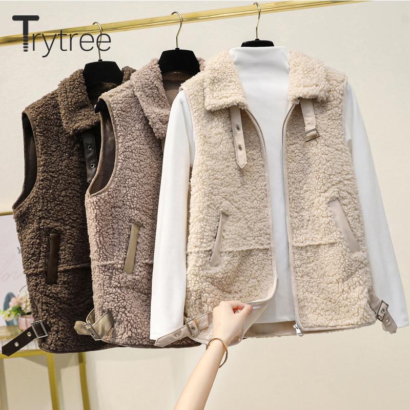 

Trytree Women' Jacket Vest 2021 Winter Casual Pockets Solid Polar Fleece Jacket Vest Turn-down Collar Zipper Women' Coat, Light brown