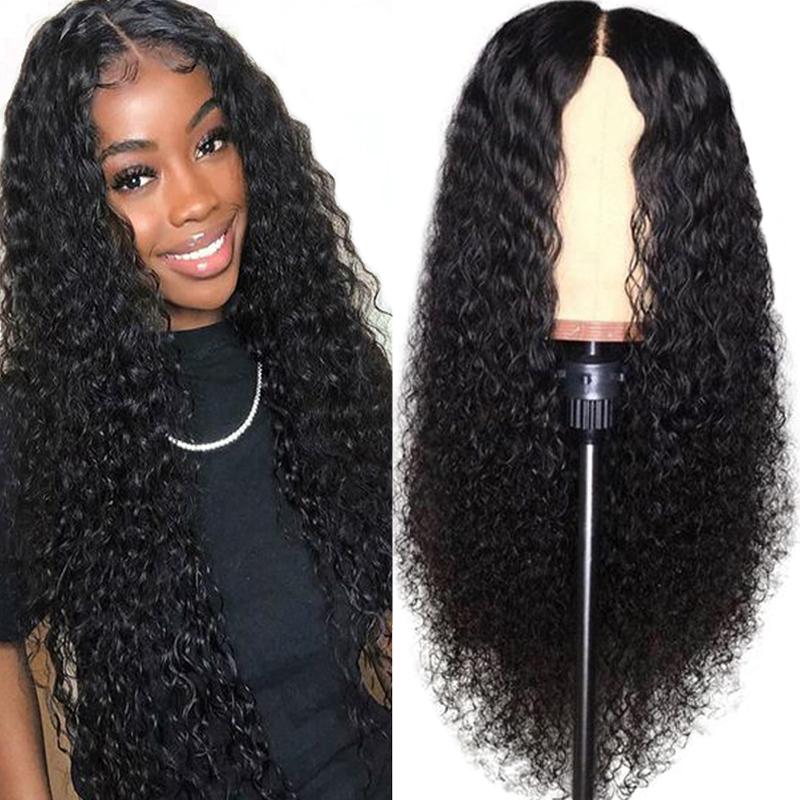 

Transparent 4x4 Water Wave Deep Wavy Human Hair Wig Lace Closure Wig Pre-drawn Human Hair Curly Brazilian Peruvian Hair Natural Black Natural Hairline, Natural color