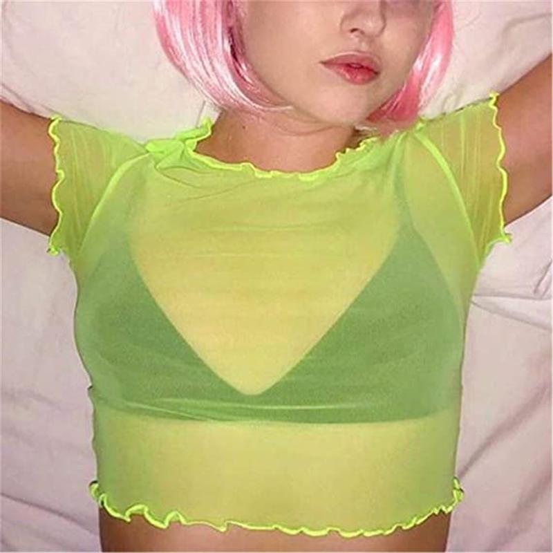 

Women's T-Shirt Women Summer Fashion Casual Tees Sexy Cop Tops Short Sleeve Round Neck See-Through Mesh Orange Green White Purple Blue