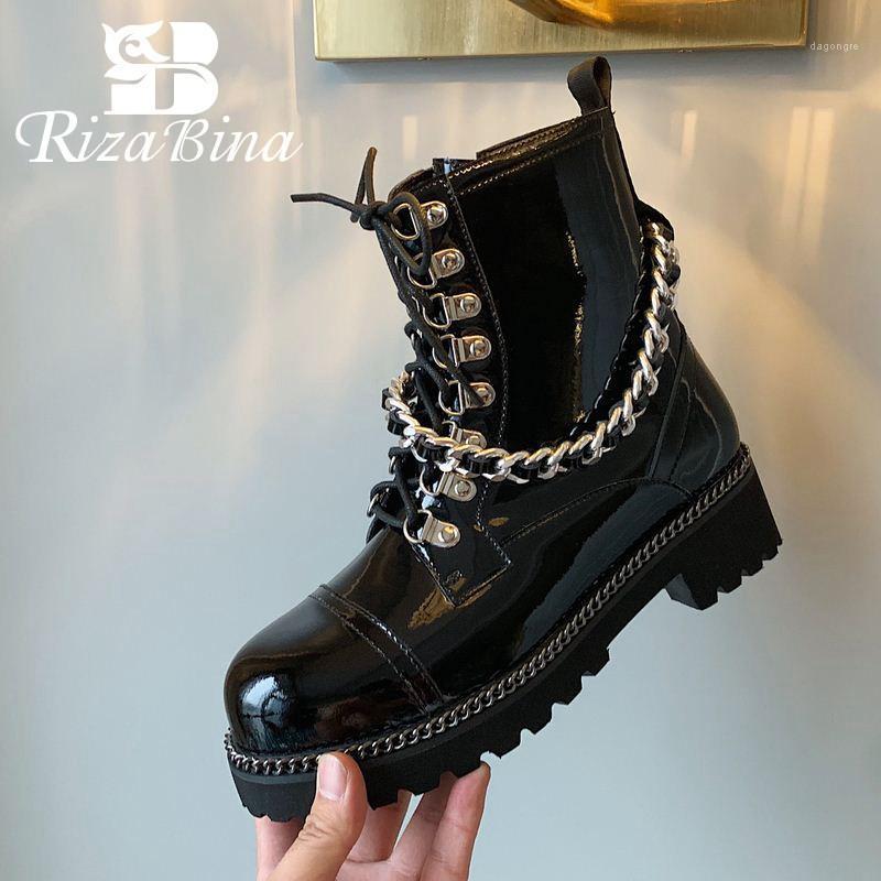 

RIZABINA Women Boots Genuine Leather Punk Winter Flats Shoes Women Metal Chain Rivets Zip Gothic Woman Botas Footwear Size 34-411, Black