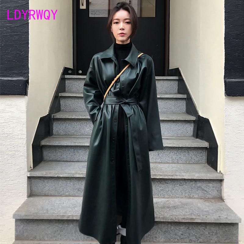 

2020pu leather new slim women' spring and autumn windbreaker Korean version of the long thin Single Breasted Office Lady, Black
