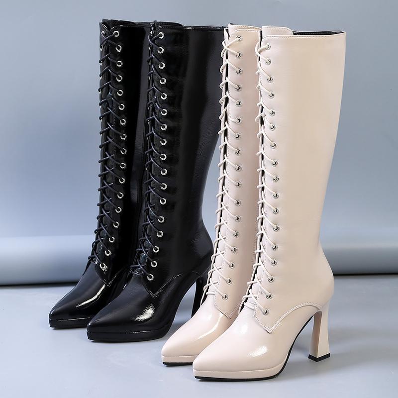 

Nice Women Patent Leather Knee High Boots Woman Winter Warm Lace Up Botas Sexy Pointed Toe Super High Heels Long Boots, Beige