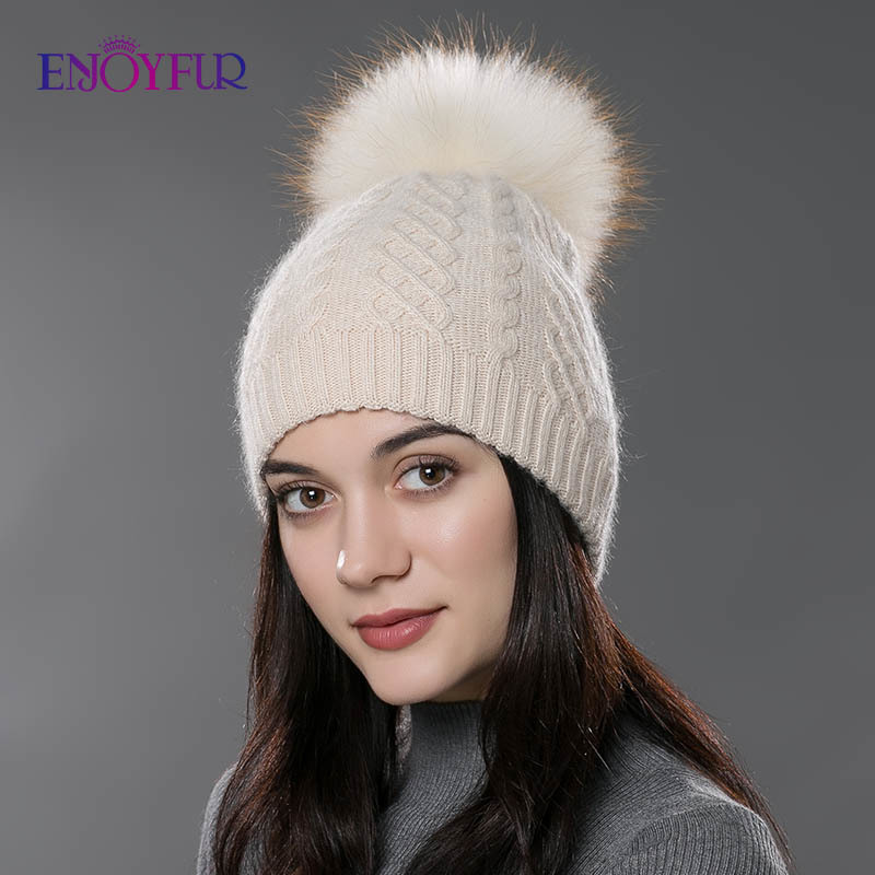 

ENJOYFUR Winter fur pompom hat for women cashmere wool cotton hat Big Real Raccoon fur pompom Beanies cap Fox fur bobble hat Y200103, 02d