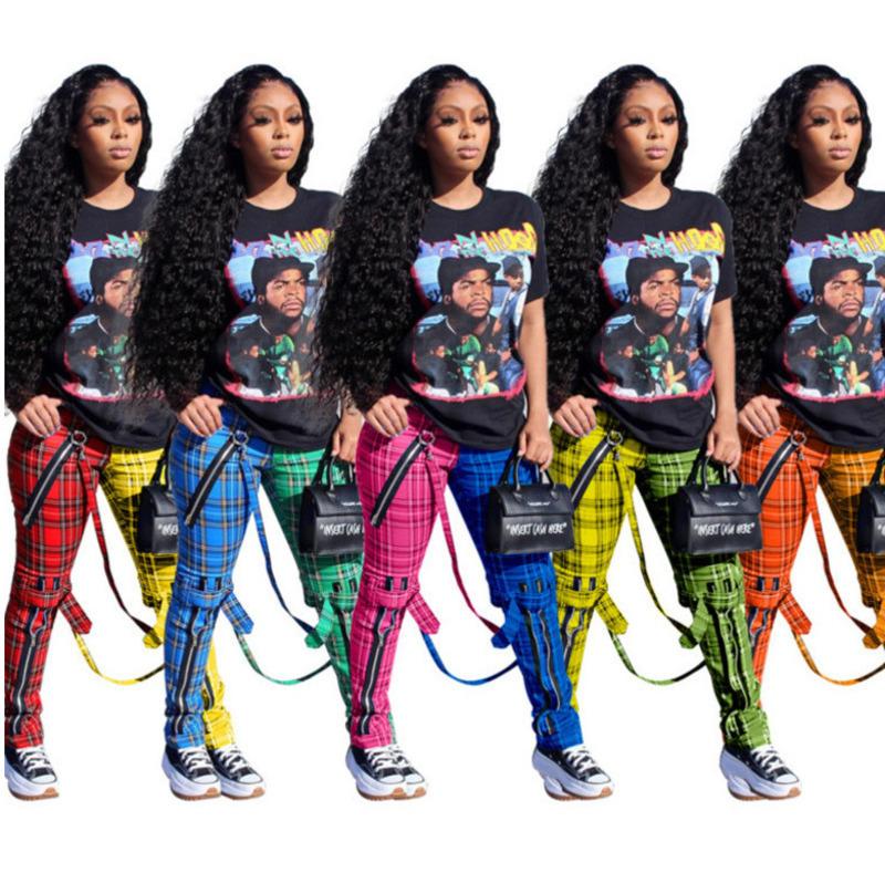 

Women Pants Designer Clothes 2021 Plaid Belt Leggings Casual New Autumn Spring Lattice Zipper Strap Decoration Trousers, Yellow
