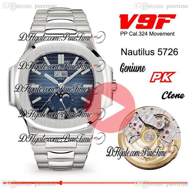 

V9F 5726 Complicated A324SC Automatic Mens Watch Best Edition D-Blue Textured Dial Moon Phase Steel Bracelet Puretime PTPP New Cal 324 V9A1, Customized waterproof service
