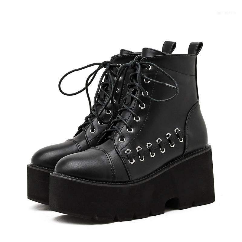 

YMECHIC New Arrival 2020 Woman Lace-up Winter Boots Womens Ladies Chunky Heel Platform Black Soft Leather Ankle Boots Punk Goth1