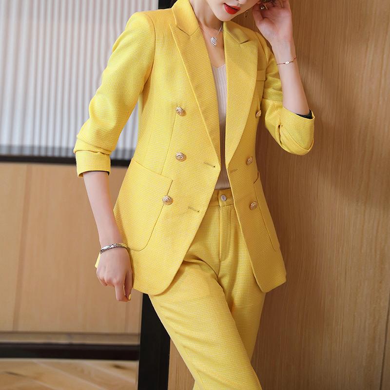 

Vintage Autumn Winter Women Pant Suit Plaid Notched Blazer Jacket & Pant 2020 Office Wear Women Suits Female Sets 4XL, Yellow