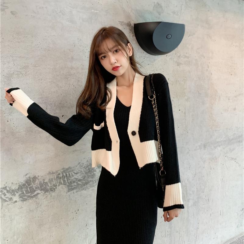 

Women's Knits & Tees Pull Femme Sexy Retro Black White Hit Color V Neck Long Sleeve Cropped Cardigan Jacket Lazy Single Button Knitted Sweat
