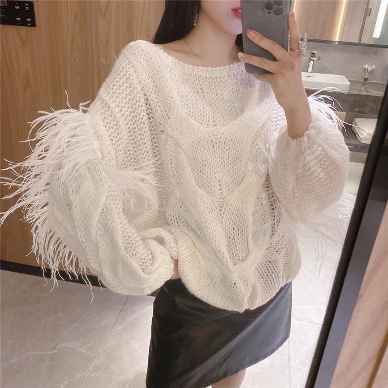

Slash Neck Pullover 2021 Early Spring Fashion Sweater with Feather Tassel Women Lazy Oaf Jumpers Ladies Knit Tops Streetwear, Blue