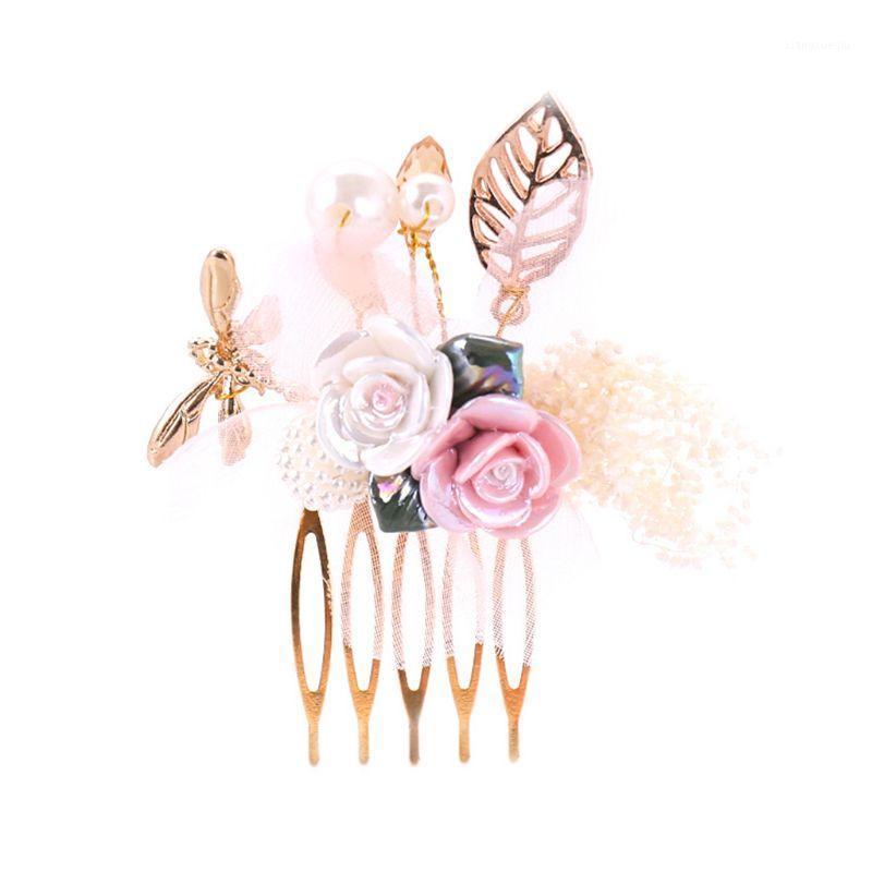 

Hair Clips & Barrettes Comb Handmade Flower Pink Grass Decoration Women Headwear Wedding Bride Ceramic Flowers Headpieces Bridal Accessories, Golden;silver