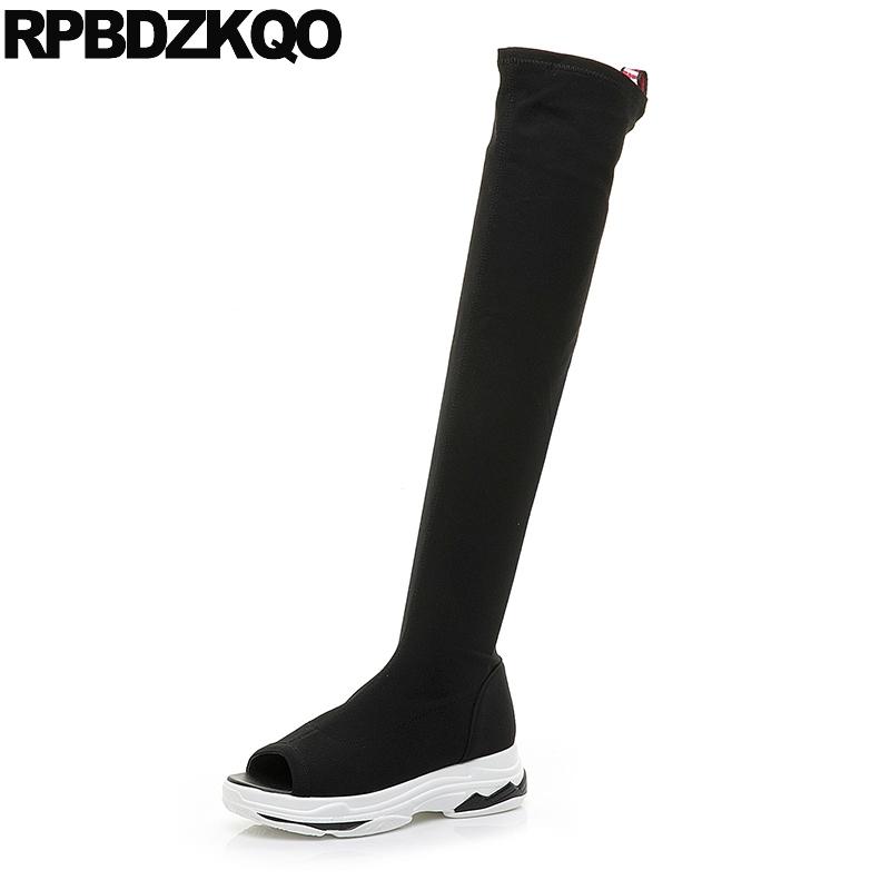 

boots wedge over the knee flatform sandals thigh high black peep toe shoes women summer stretch muffin designer new