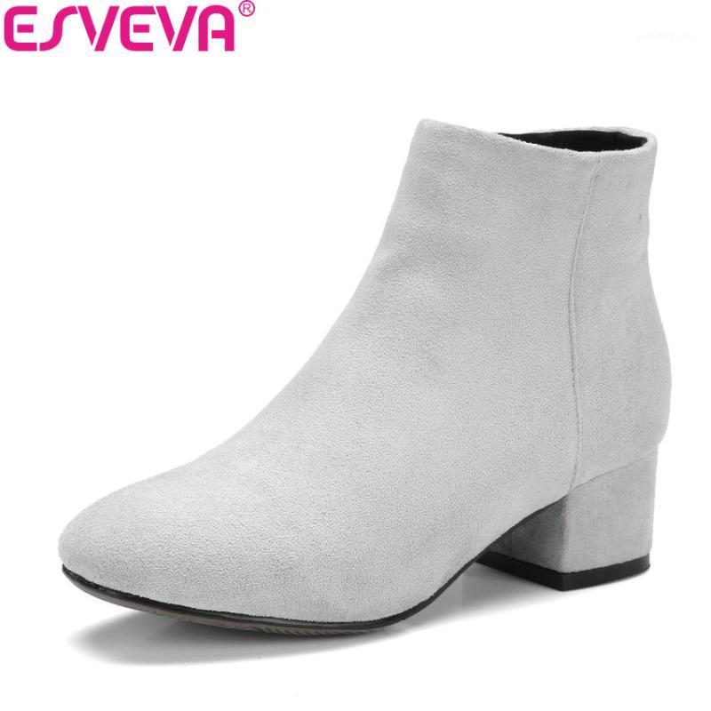 

ESVEVA 2020 Women Boots High Quality Sewing Short Plush Winter Shoes Square Med Heels Ankle Boots Ladies Size 34-431, Black