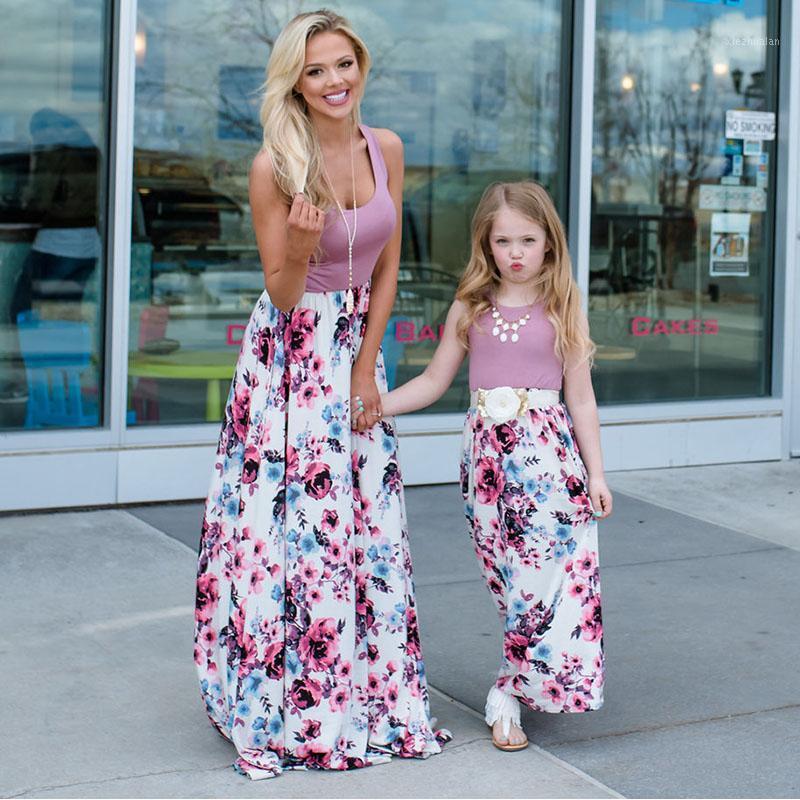 

Mother daughter dresses sleeveless floral Long dress mother daughter clothes Mom and dress family matching clothes1, Pink