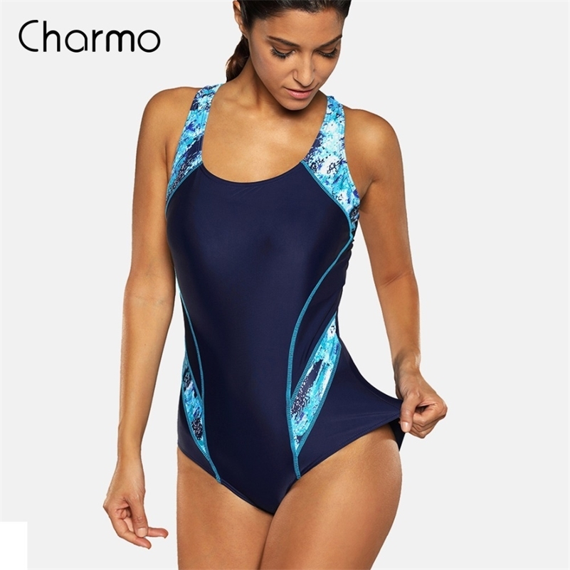 

Charmo One Piece Women Sports Swimwear Sports Swimsuit Color block Monokini Beach Bathing Suit fitness slim training sportswear Y200824, Dbl