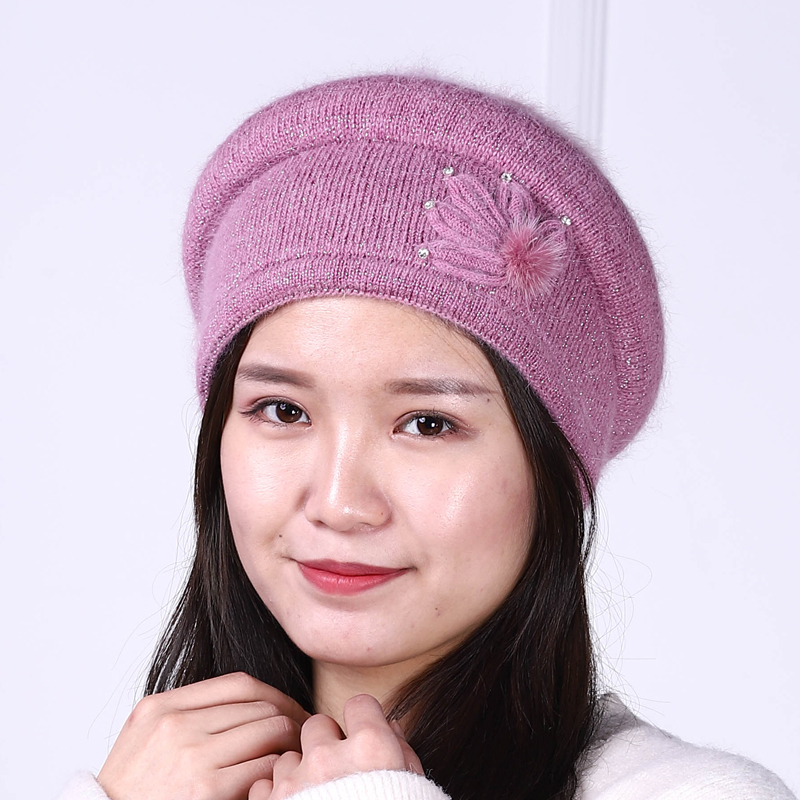 

Winter Hat Women Angora Knit Beanie Autumn Warm Flower Rhinestone Thick Double Layers Skiing Outdoor Accessory For Lady, White