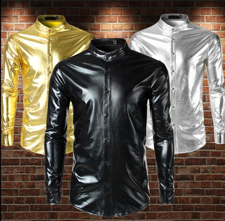 

fashion slim sexy shirt men Metallic bright face stand collar shirt camisa teenage Hot stamping long sleeve shirts mens, Black