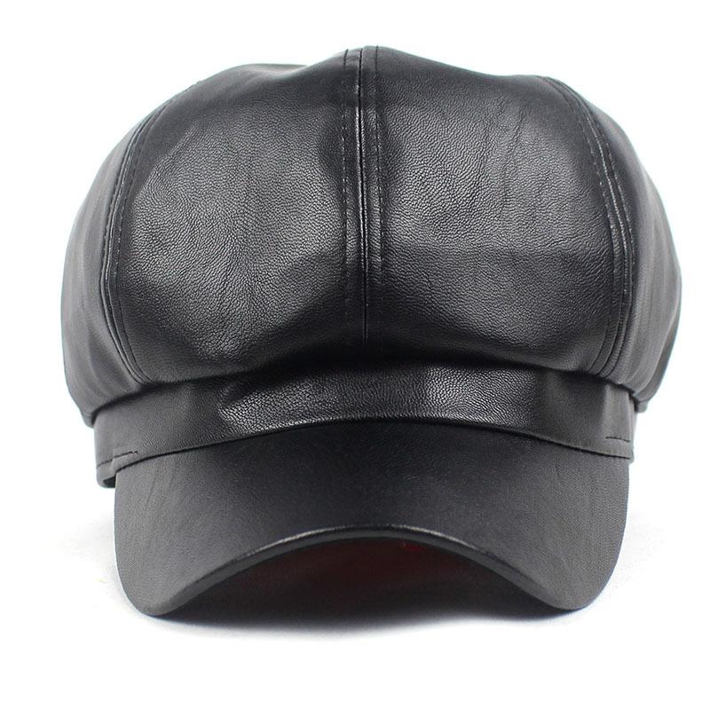 

2020 Leather Solid Color Beret Simple Casual Octagonal Cap Autumn Winter Joker Painter Hat Women and Girl 19, Black