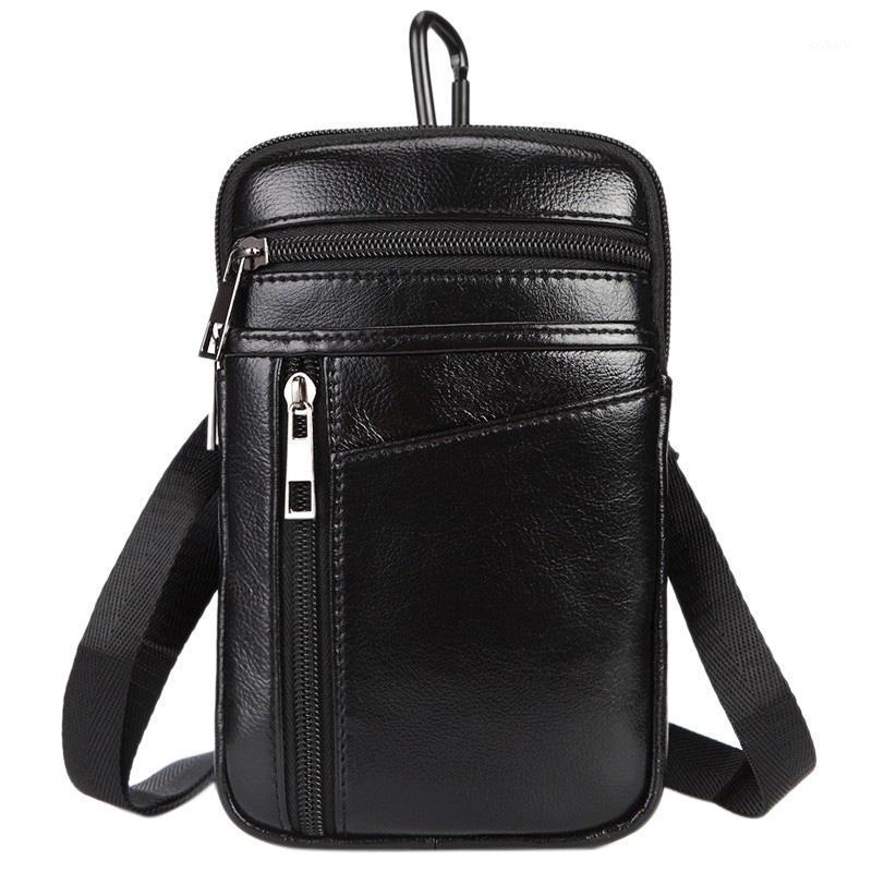

MISFITS Men's Pocket Leather Hook Belt Buckle Shoulder Messenger Bag Small Satchel Mobile Phone Case1, Dark coffee