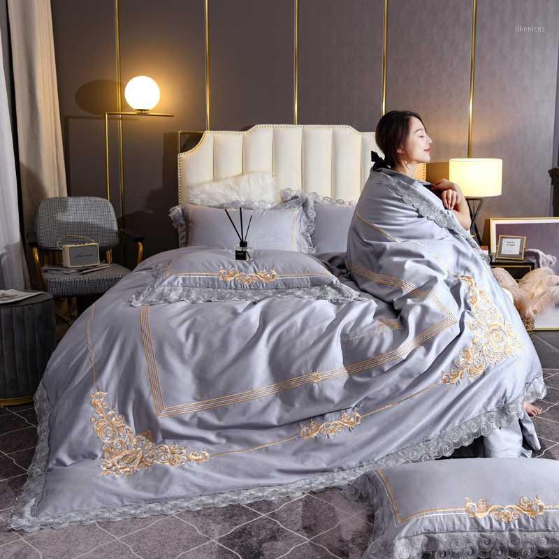 

Elegant embroidery bedlinen blue Bedding Set King Queen Size Bed Linen egyptian cotton Duvet Cover Bed Sheet Set Pillowcases1