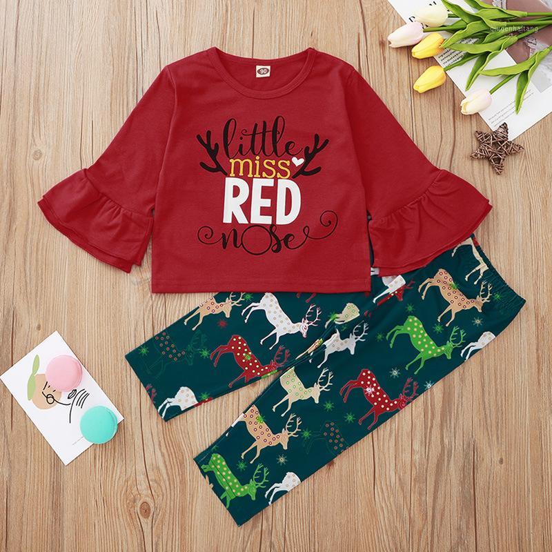 

XMAS kids baby girls boys long flare sleeve tops coat letter antlers cartoon elk long pants Christmas clothes sets 2pcs 6M-4Y1, Red