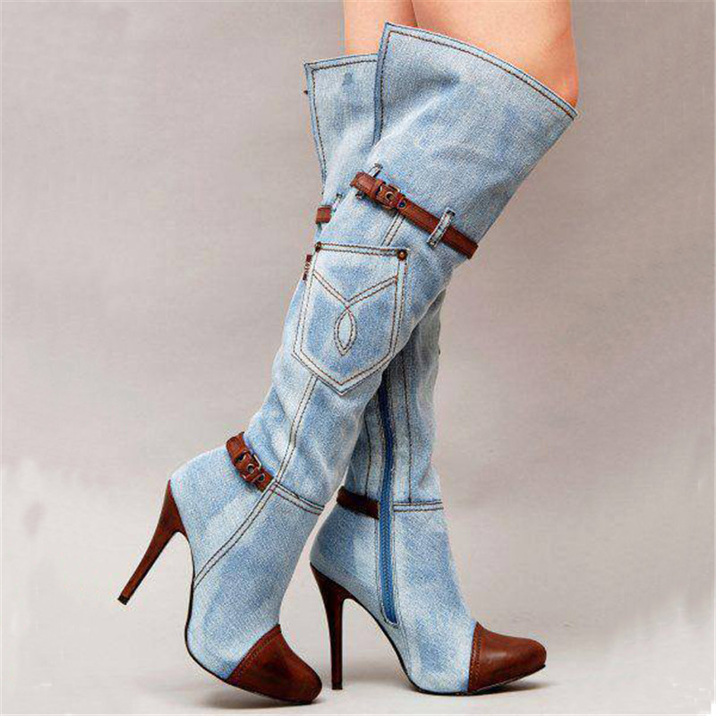 

Hot Sale-Over the knee women boots autumn winter denim high heels ladies shoes sexy buckle strap platform long boots thigh high boots, Blue