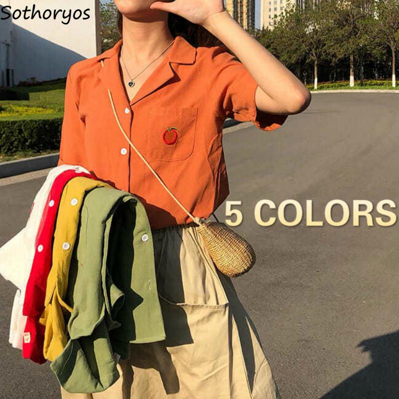 

Women Shirts Blouses Notched Simple Embroidery Loose Basic Chic Stylish All-match Sweet Girls Leisure Single Breasted Pocket Ins, Green